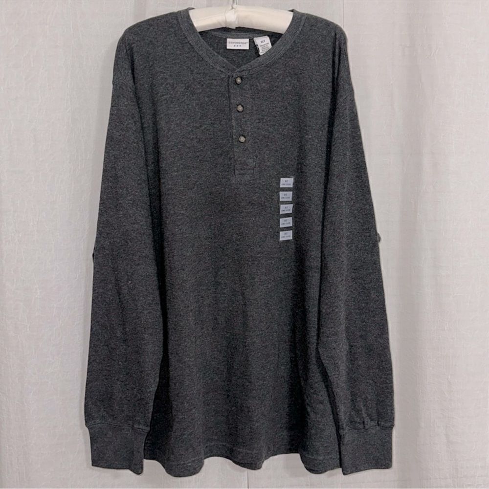 Covington XLT Charcoal Heather Waffle Knit Long Sleeve Cotton Henley